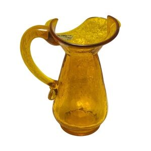 Vintage Kanawha Golden Amber Crackle Pitcher Hand Crafted Glass Ewer